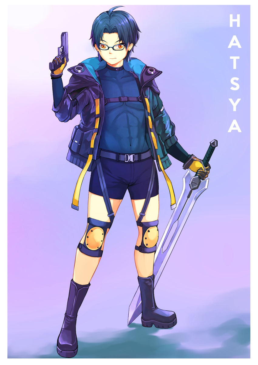 1boy bike_shorts bodysuit gacha_club gacha_life glasses gloves gun highres hiroki_ree jacket knee_pads lunime male_focus non-web_source shininghatsya sword tactical_clothes weapon