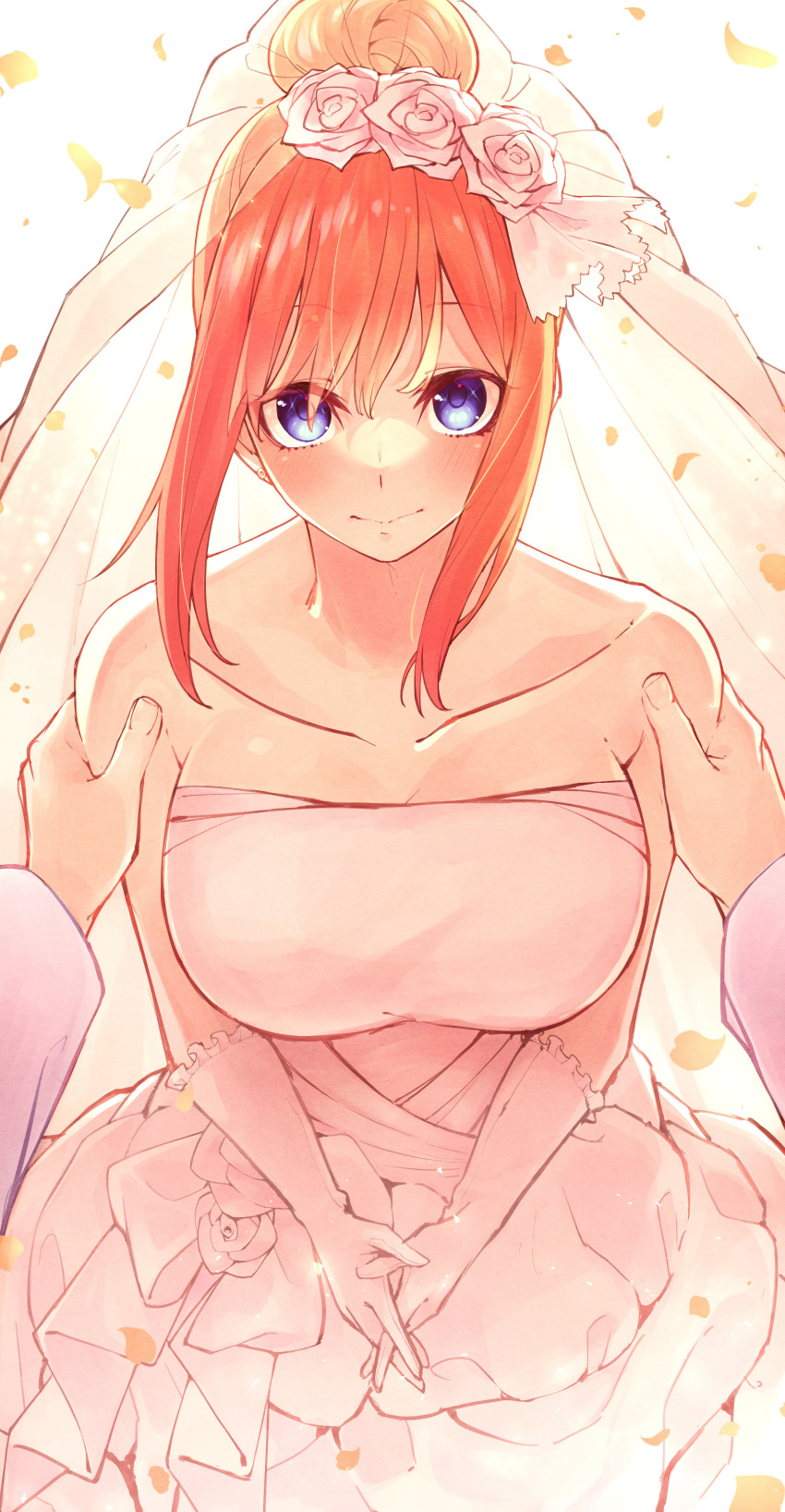 1boy 1girl absurdres bangs bare_shoulders blue_eyes blush breasts bridal_veil collarbone commentary_request dress elbow_gloves eyebrows_visible_through_hair flower frilled_dress frills gloves go-toubun_no_hanayome hair_flower hair_ornament hands_on_another's_shoulders highres large_breasts looking_at_viewer medium_hair nakano_yotsuba orange_hair pov rose sidelocks smile tamago_sando veil wedding_dress white_background white_dress white_flower white_gloves white_rose