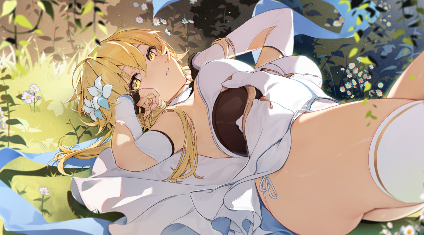 1girl absurdres ass bangs bare_shoulders blonde_hair blush breasts commentary commentary_request dress flower genshin_impact hair_flower hair_ornament highres houkiboshi_(mmjw7432) large_breasts looking_at_viewer lumine_(genshin_impact) lying on_back outdoors parted_lips solo thigh-highs thighs vegetation white_dress white_legwear yellow_eyes