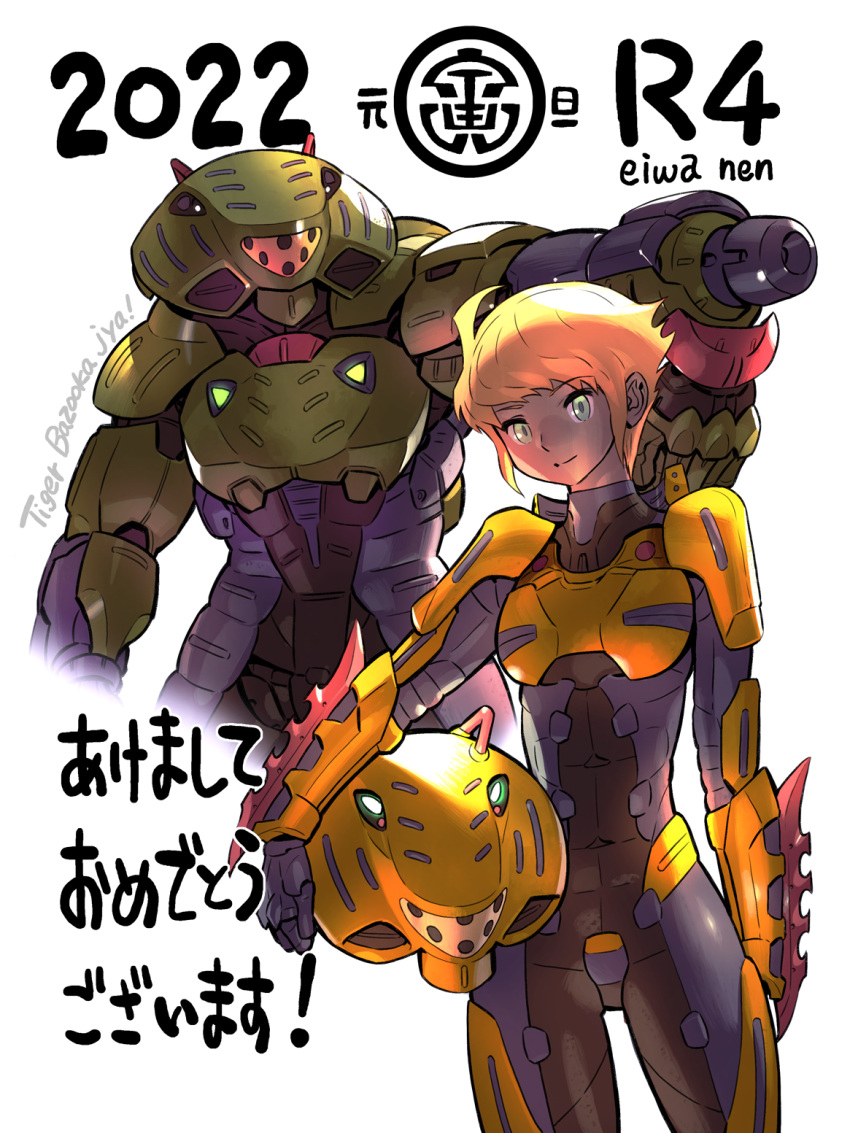 1boy 1girl 2022 bangs bengus blonde_hair blue_eyes chinese_zodiac eyebrows_visible_through_hair hair_behind_ear headwear_removed helmet helmet_removed highres holding holding_helmet looking_to_the_side original power_armor science_fiction shoulder_cannon smile white_background year_of_the_tiger