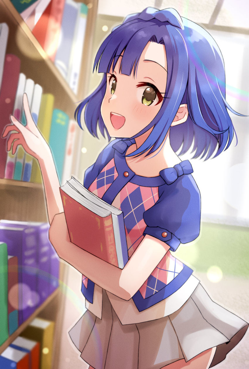 absurdres bangs blue_hair blue_sleeves book book_stack braid bubble checkered_clothes checkered_shirt commentary_request day eyebrows_visible_through_hair grey_skirt hand_up highres holding holding_book idolmaster idolmaster_million_live! idolmaster_million_live!_theater_days indoors light_blush looking_at_viewer miniskirt nanao_yuriko open_mouth pleated_skirt pointing puffy_short_sleeves puffy_sleeves shirt short_hair short_sleeves skirt smile solo sunlight teeth upper_teeth whitetiger_0126 window yellow_eyes