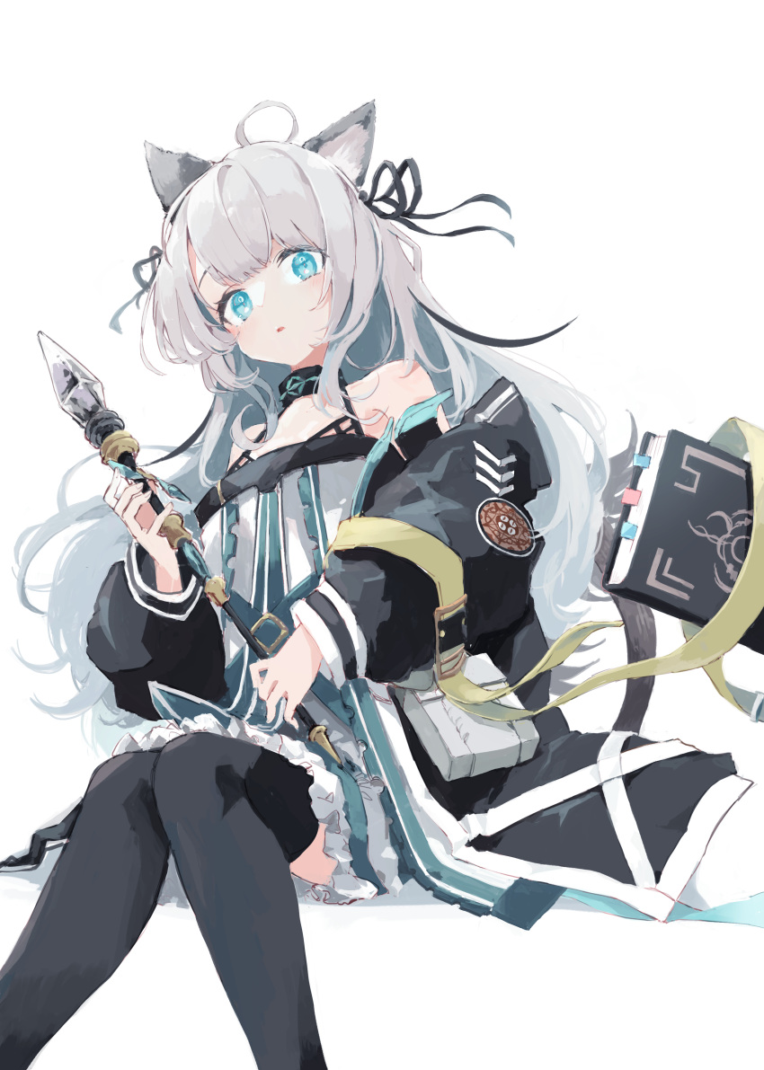 1girl absurdres ahoge animal_ears arknights bangs blue_eyes book cat_ears cat_girl dress hair_ribbon highres jacket long_hair mint_(arknights) off_shoulder ribbon sleeveless sleeveless_dress solo spaghetti_strap staff thigh-highs tokorinowa white_hair