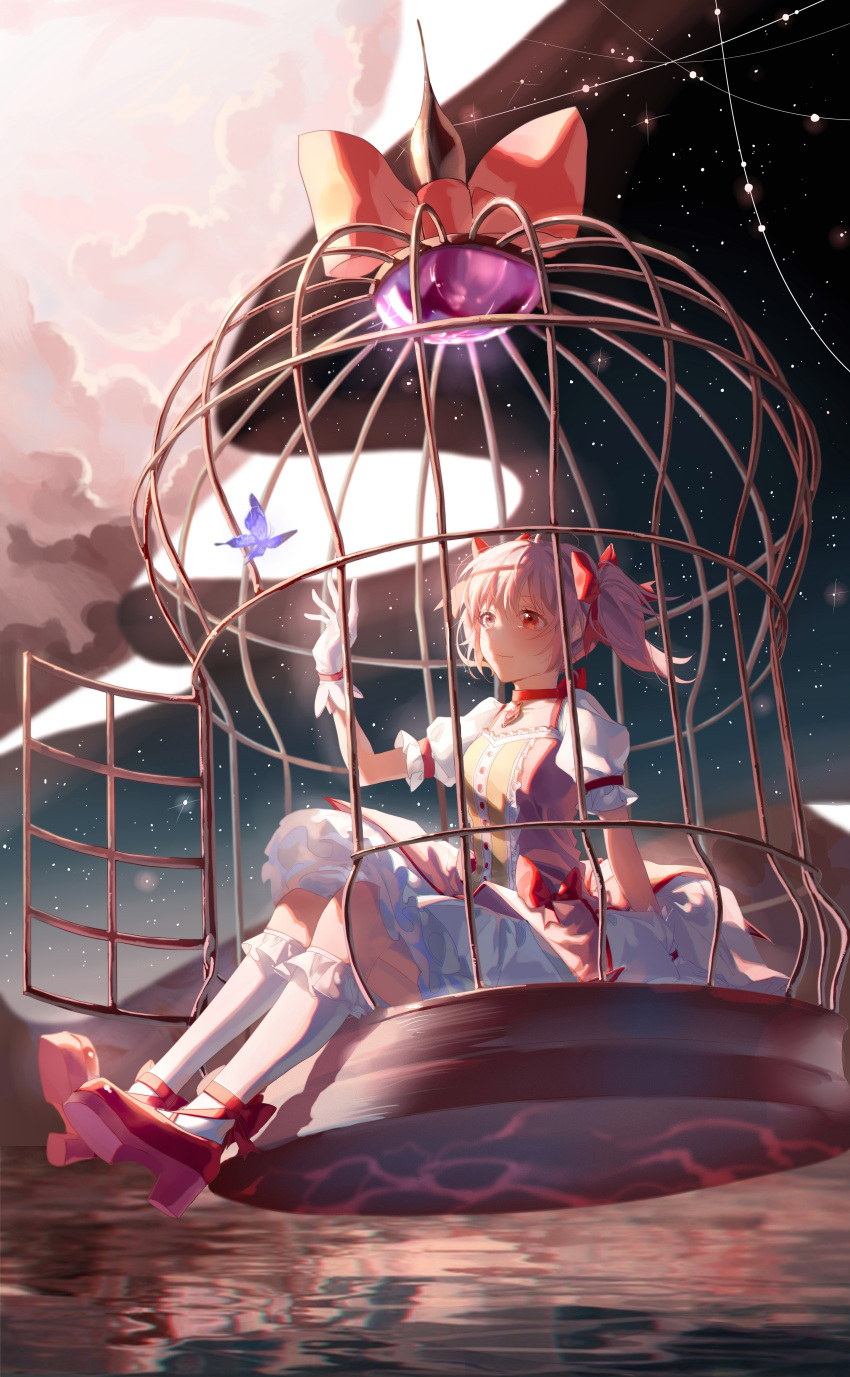 1girl absurdres bangs birdcage blue_butterfly bow bug butterfly buttons cage chinese_commentary clouds collar commentary_request dress frilled_dress frilled_legwear frills full_body gloves hair_bow highres kaname_madoka kneehighs lan2546426 mahou_shoujo_madoka_magica night night_sky outdoors pink_dress pink_hair puffy_short_sleeves puffy_sleeves reaching red_bow red_collar red_eyes red_footwear shoes short_hair short_sleeves short_twintails sitting sky smile solo soul_gem star_(sky) starry_sky tears twintails water white_gloves white_legwear