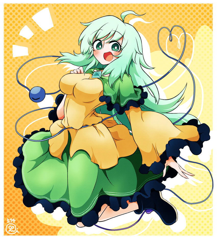 1girl absurdres adapted_costume ahoge alternate_hair_length alternate_hairstyle black_footwear blouse breasts capelet commentary_request eyeball frilled_skirt frilled_sleeves frills full_body green_capelet green_eyes green_hair green_skirt heart heart_of_string highres komeiji_koishi long_hair long_sleeves looking_at_viewer medium_breasts no_hat no_headwear open_mouth scavia10 shirt skirt solo third_eye touhou wide_sleeves yellow_background yellow_shirt