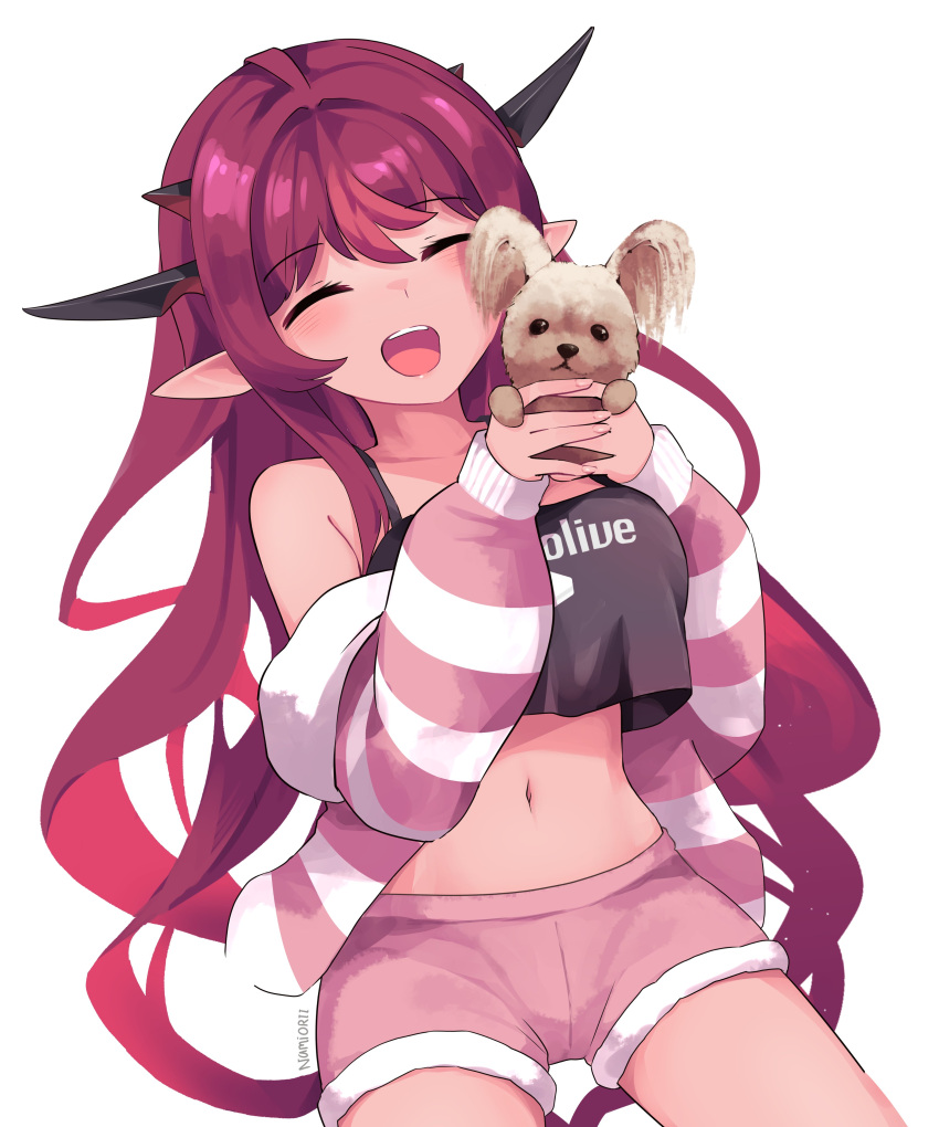 1girl absurdres animal bangs bare_shoulders blush closed_eyes cowboy_shot crop_top eyebrows_visible_through_hair highres holding holding_animal hololive hololive_english horns irys_(hololive) jacket long_hair long_sleeves midriff multiple_horns namiorii off_shoulder open_clothes open_jacket open_mouth pink_shorts pointy_ears redhead short_shorts shorts signature simple_background solo standing striped striped_jacket thigh-highs very_long_hair virtual_youtuber white_background