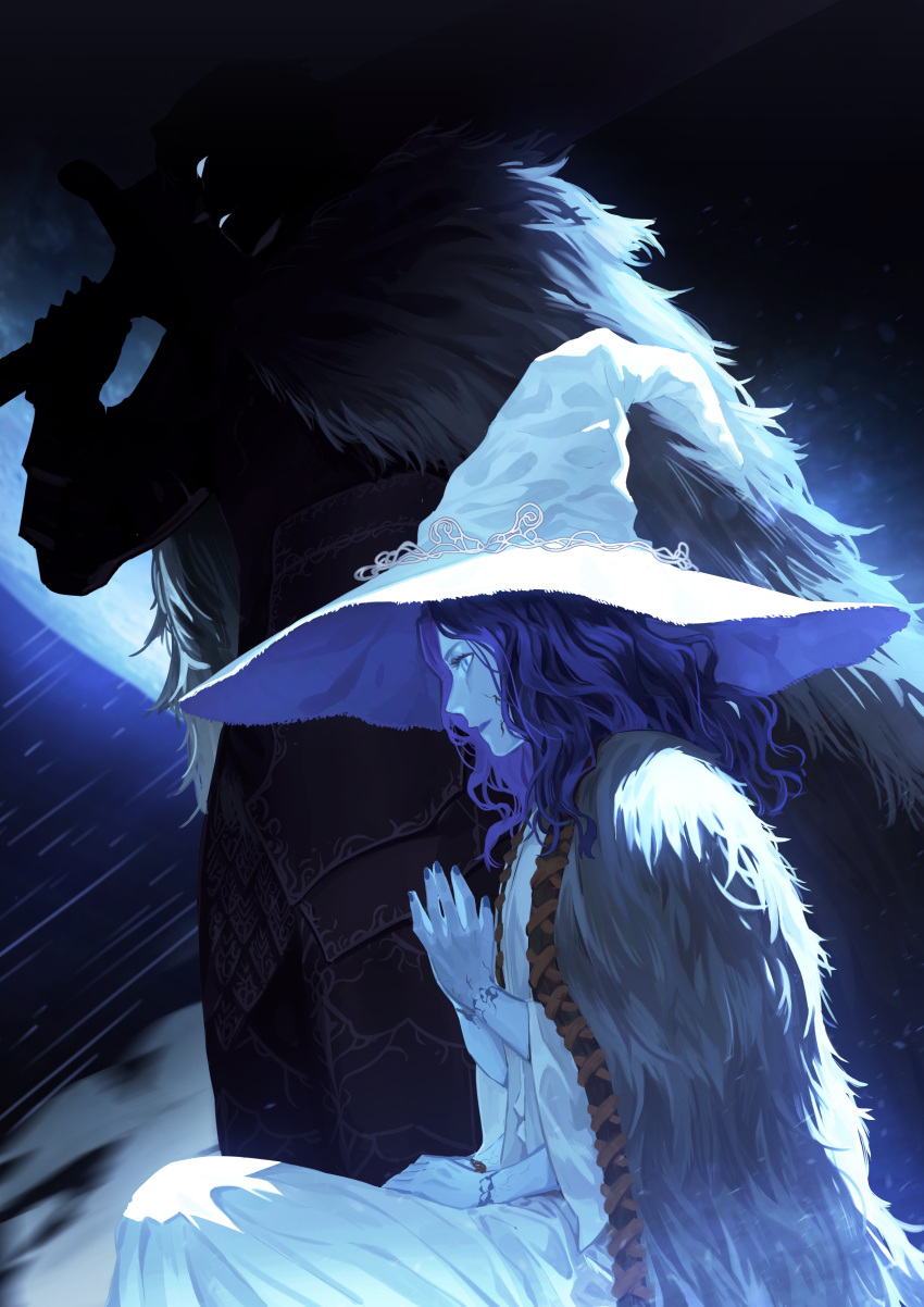 1boy 1girl absurdres alternate_form blaidd_the_half-wolf blue_background blue_eyes blue_hair blue_headwear blue_lips blue_skin chinese_commentary cloak colored_skin commentary_request elden_ring extra_arms eyes_in_shadow feet_out_of_frame from_side full_moon fur_cloak greatsword grin hat highres holding holding_sword holding_weapon looking_ahead mctaku medium_hair moon over_shoulder own_hands_together profile ranni_the_witch shaded_face sitting smile sword wavy_hair weapon weapon_over_shoulder witch_hat