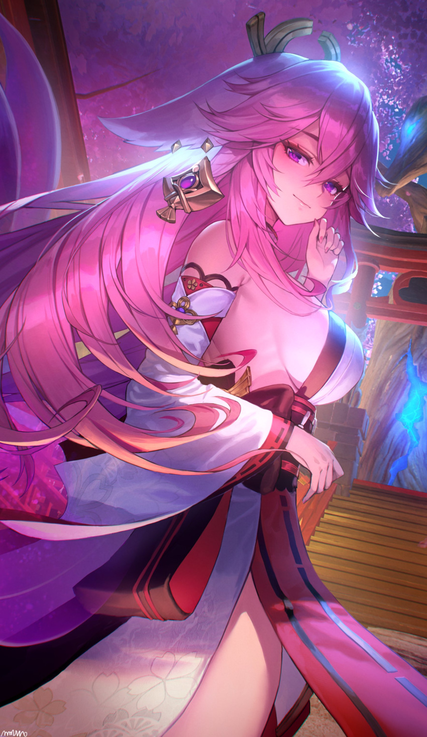 absurdres bangs bare_shoulders breasts detached_sleeves genshin_impact hair_ornament highres japanese_clothes large_breasts long_hair looking_at_viewer osuti pink_hair solo thighs upper_body violet_eyes yae_miko