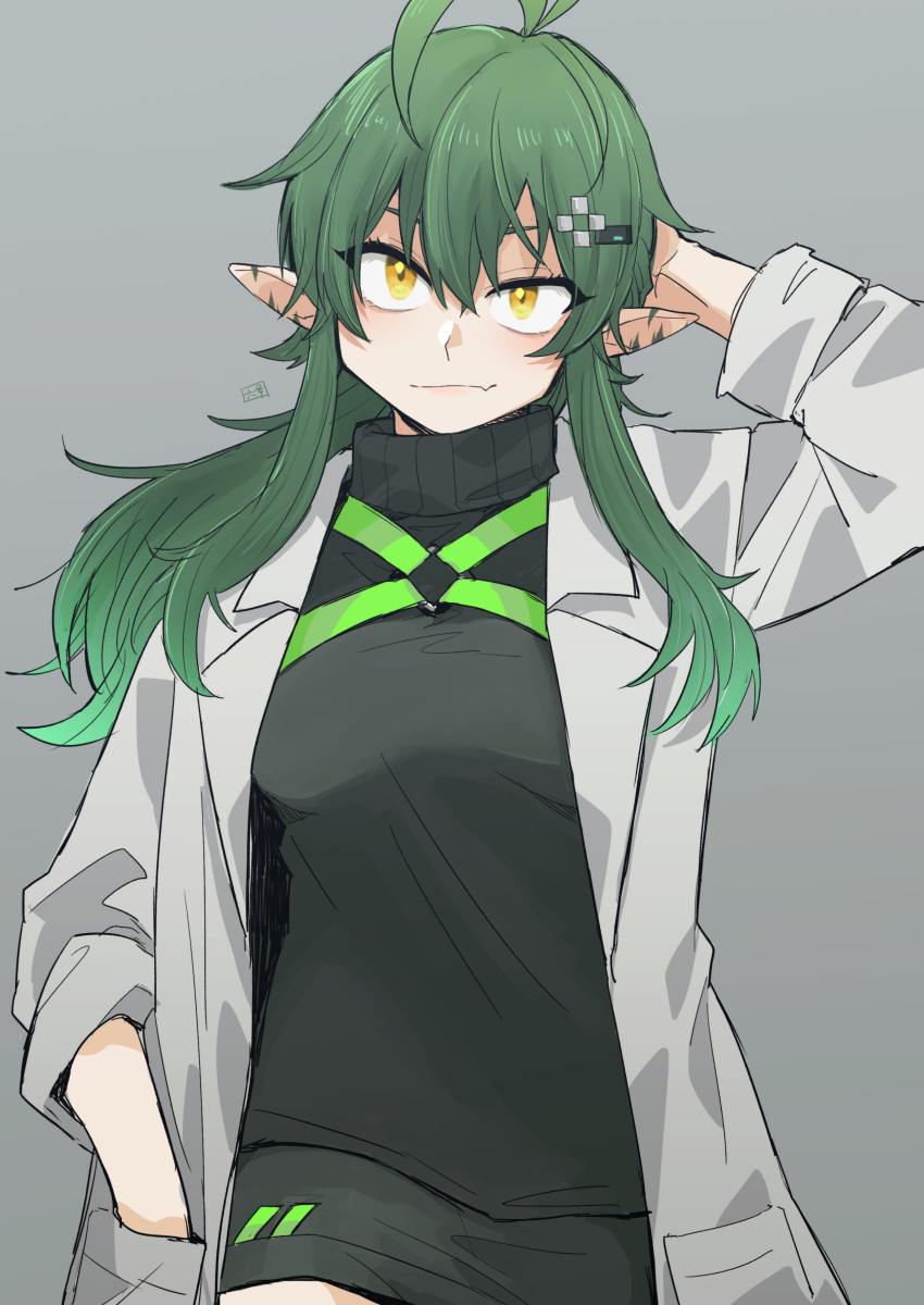 1girl absurdres antenna_hair arknights black_shorts black_sweater breasts closed_mouth fang gavial_(arknights) green_hair grey_background hair_between_eyes hair_ornament hairclip hand_in_pocket hand_on_own_head highres jacket long_hair long_sleeves mido006 pointy_ears sanpaku shorts sidelocks simple_background skin_fang solo sweater turtleneck turtleneck_sweater yellow_eyes