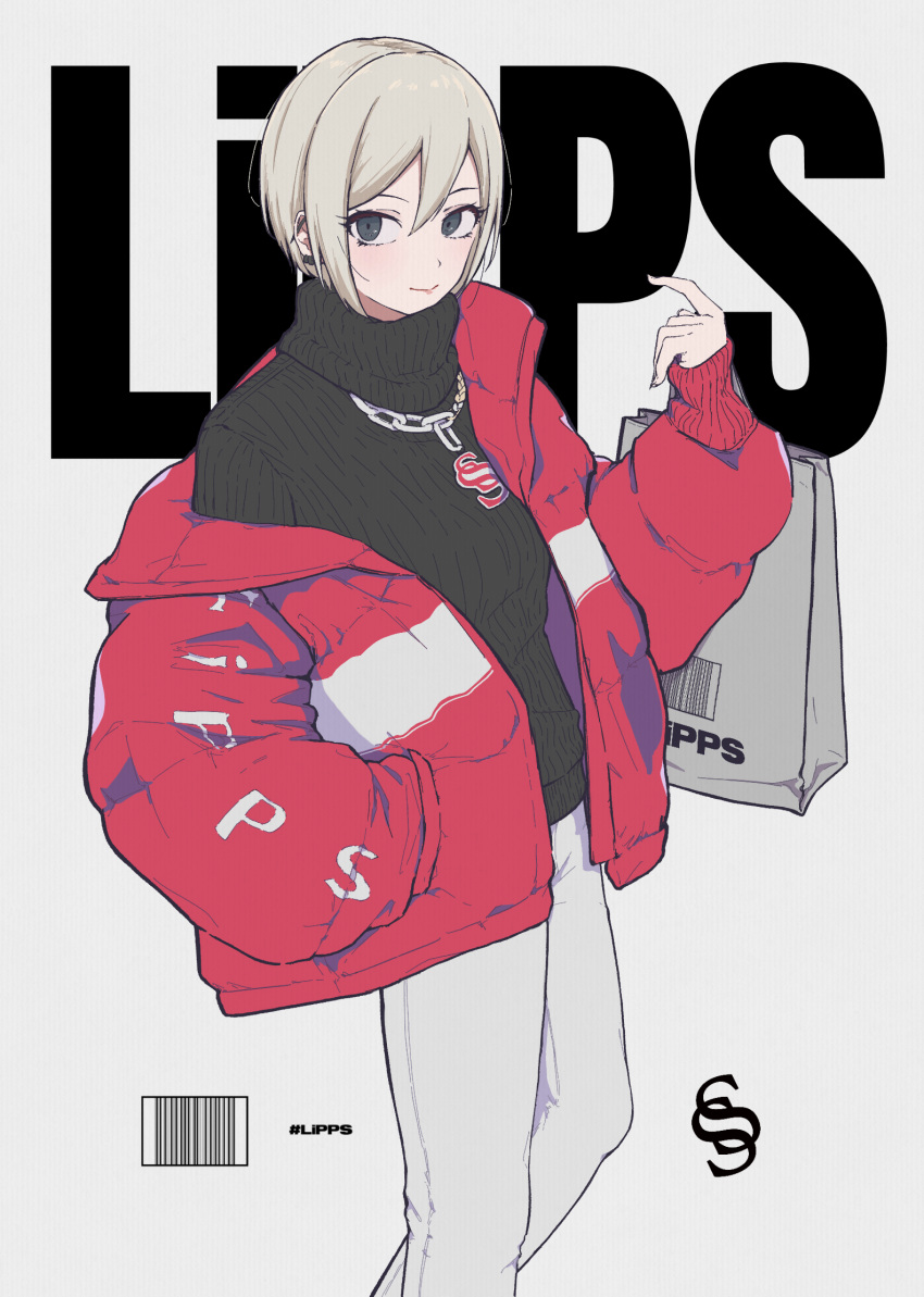 1girl bag black_eyes breasts coat earrings grey_background grey_hair hand_in_pocket highres hodoyoi idolmaster idolmaster_cinderella_girls jewelry looking_at_viewer necklace shiomi_syuko short_hair simple_background sleeves_past_wrists solo sweater turtleneck turtleneck_sweater winter_clothes winter_coat