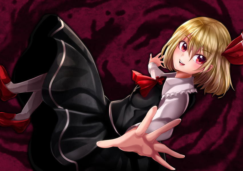 1girl ascot black_skirt black_vest blonde_hair collared_shirt commentary_request eyebrows_visible_through_hair flower foreshortening frilled_shirt_collar frills from_side full_body hair_between_eyes highres long_sleeves looking_at_viewer looking_to_the_side maboroshi_mochi open_mouth purple_background red_ascot red_eyes red_flower rumia shiny shiny_hair shirt shoes short_hair simple_background skirt solo t-pose teeth touhou upper_teeth vest white_legwear white_shirt