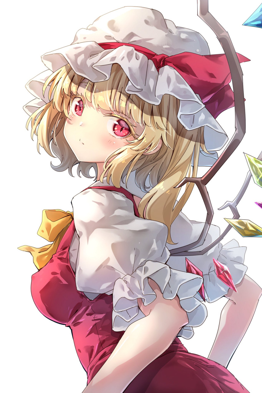 1girl alternate_eye_color back bangs blonde_hair blush bow bowtie breasts closed_mouth commentary_request crystal darjeeling_(reley) dress eyebrows_visible_through_hair flandre_scarlet from_side hair_between_eyes hat hat_ribbon highres jewelry looking_at_viewer looking_back medium_breasts mob_cap multicolored_wings one_side_up pink_eyes puffy_short_sleeves puffy_sleeves red_dress red_ribbon ribbon shirt short_hair short_sleeves simple_background solo standing touhou white_background white_headwear white_shirt wings yellow_bow yellow_bowtie