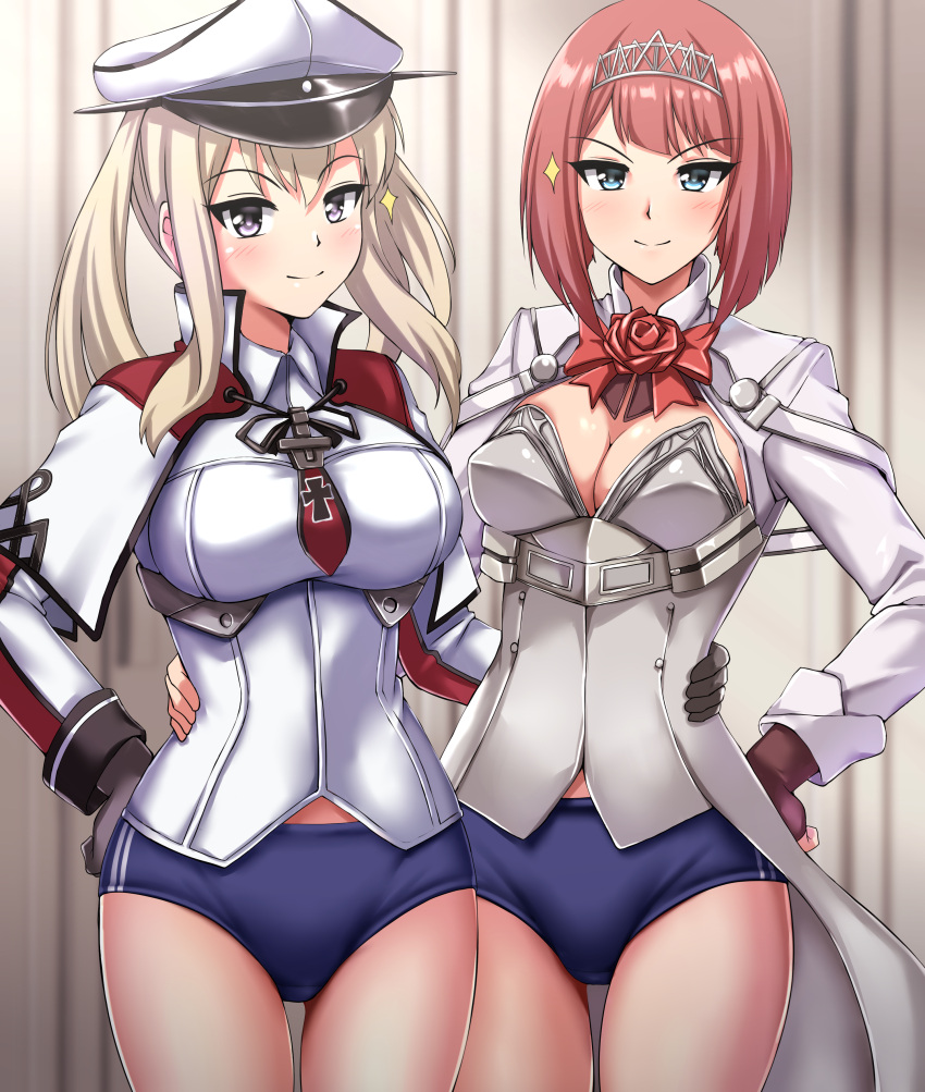 2girls absurdres ark_royal_(kancolle) bangs black_gloves blonde_hair blue_bloomers blue_eyes blunt_bangs bob_cut breasts brown_gloves celtic_knot cleavage_cutout clothing_cutout corset cross fingerless_gloves flower gloves graf_zeppelin_(kancolle) hair_between_eyes hat highres inverted_bob iron_cross jacket kantai_collection large_breasts long_sleeves medium_breasts military military_uniform multiple_girls peaked_cap red_flower red_ribbon red_rose redhead ribbon rose short_hair sidelocks tiara twintails uniform violet_eyes white_corset white_jacket zanntetu