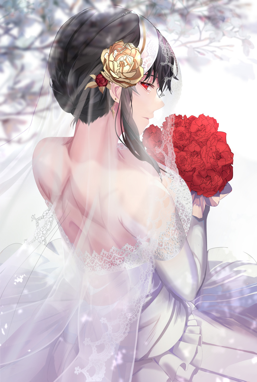 1girl absurdres bare_back bare_shoulders black_hair bouquet bridal_veil bride dress elbow_gloves english_commentary eriasii flower gloves hair_flower hair_ornament highres holding holding_bouquet looking_at_viewer looking_back red_eyes red_flower red_rose rose short_hair sidelocks solo spy_x_family veil wedding_dress white_dress white_gloves yellow_flower yellow_rose yor_briar