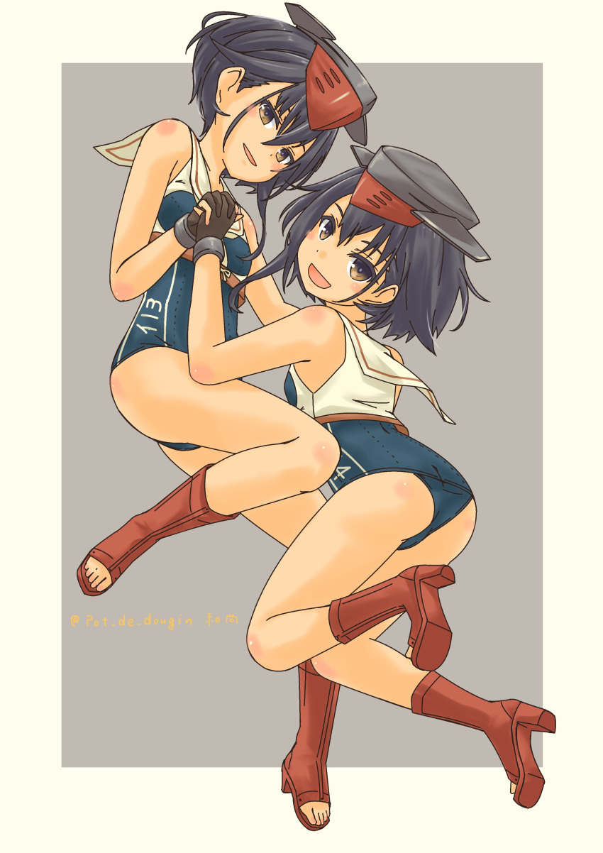 2girls absurdres ass asymmetrical_hair black_hair black_swimsuit boots breast_cutout brown_eyes brown_neckerchief eyebrows_visible_through_hair framed_breasts gloves grey_background hair_between_eyes hat headphones high_heel_boots high_heels highres i-13_(kancolle) i-14_(kancolle) kantai_collection looking_back multiple_girls neckerchief open_mouth partially_fingerless_gloves pot-de sailor_collar school_swimsuit shirt short_hair single_glove swimsuit white_background