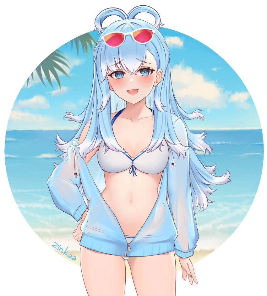 1girl absurdres bangs beach bikini blue_eyes blue_hair blue_jacket blush breasts clouds contrapposto cowboy_shot day eyebrows_visible_through_hair eyewear_on_head gradient_hair hair_between_eyes hair_rings hand_on_hip highres hololive jacket kobo_kanaeru long_hair long_sleeves looking_at_viewer medium_breasts multicolored_hair navel ocean open_clothes open_jacket open_mouth outdoors palm_tree see-through sky sleeves_past_wrists smug solo sunglasses swimsuit tree unzipped virtual_youtuber water white_bikini white_hair zinkaa zipper_pull_tab