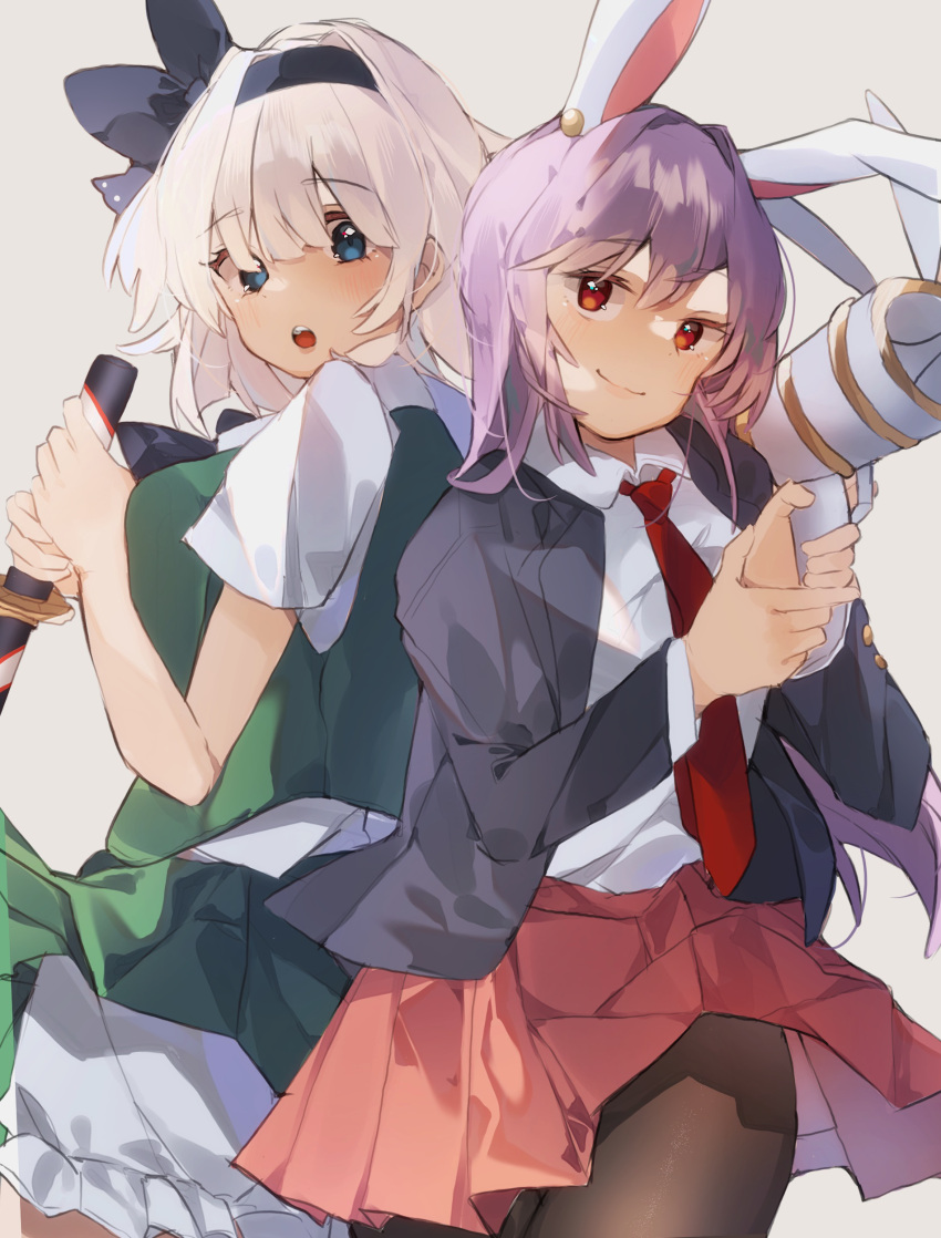 2girls absurdres animal_ears black_headwear black_ribbon blazer bloomers blue_eyes buttons closed_mouth collared_shirt colored_eyelashes commentary_request cowboy_shot finger_gun gominami green_skirt green_vest highres holding holding_weapon jacket katana konpaku_youmu long_hair looking_at_another multiple_girls necktie open_mouth pantyhose pink_skirt purple_hair rabbit_ears red_eyes red_necktie reisen_udongein_inaba ribbon shirt short_hair short_sleeves skirt skirt_rolled_up skirt_set smirk sword teeth touhou underwear upper_teeth vest weapon white_hair white_shirt