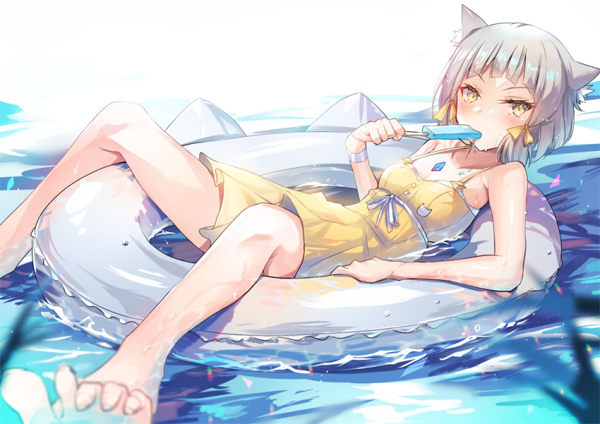 1girl animal_ears bangs blunt_bangs cat_ears chest_jewel dress_swimsuit facial_mark food ice_cream inoue_takuya_(tactactak) nia_(fancy_sundress)_(xenoblade) nia_(xenoblade) ribbed_swimsuit short_hair solo swimsuit xenoblade_chronicles_(series) xenoblade_chronicles_2 yellow_eyes yellow_swimsuit