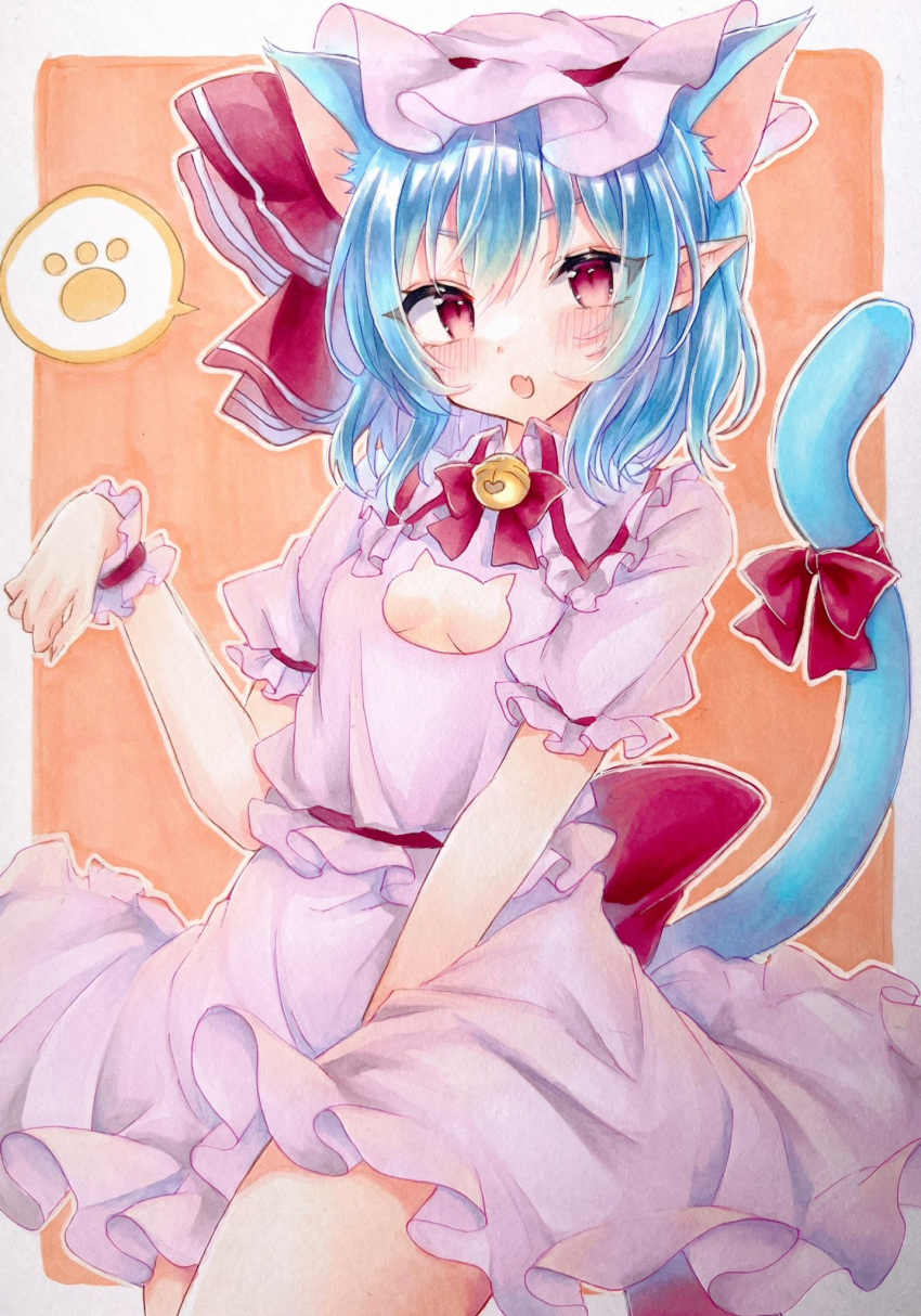 1girl adapted_costume animal_ears bell blue_hair blush bow cat_ears cat_tail cowboy_shot dress eyebrows_visible_through_hair fang hat highres jingle_bell kemonomimi_mode looking_at_viewer marker_(medium) mob_cap natsume_nadeshiko pointy_ears puffy_short_sleeves puffy_sleeves red_bow red_eyes red_ribbon remilia_scarlet ribbon short_hair short_sleeves solo tail touhou traditional_media wings wrist_cuffs