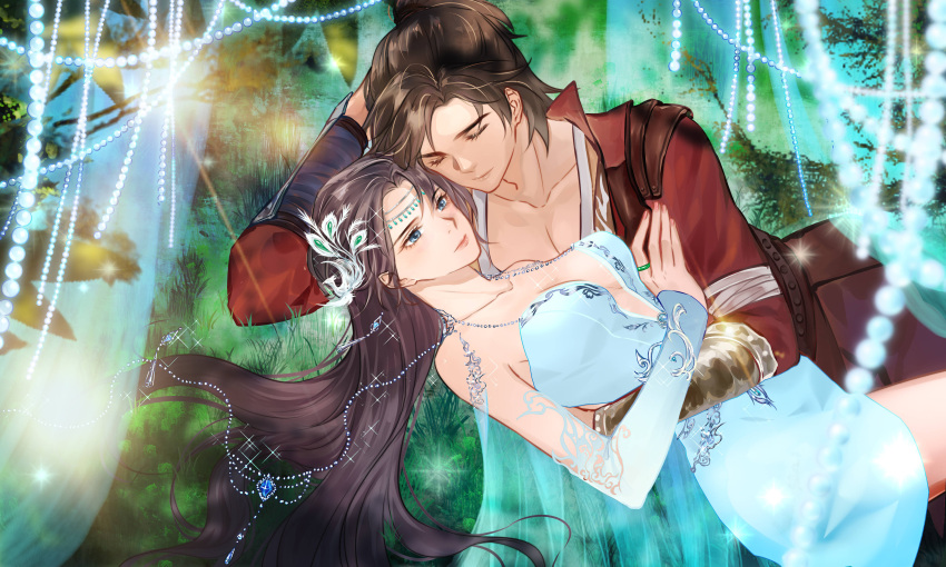 1boy 1girl absurdres bare_shoulders beads blue_dress brown_hair closed_eyes doupo_cangqiong dress grass hair_ornament highres hug lying on_back on_side upper_body xingkong_biluo_ya yun_yun_(doupo_cangqiong)