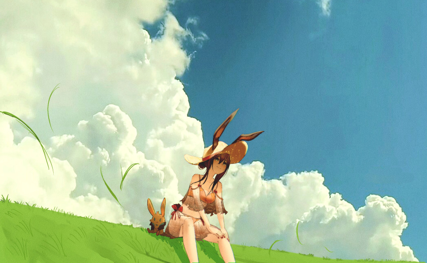 1girl alternate_costume alternate_hairstyle amiya_(arknights) animal_ears arknights bangs bare_shoulders bikini bikini_under_clothes blue_sky brown_hair chinese_commentary closed_mouth clouds collarbone commentary_request day ears_through_headwear eyebrows_visible_through_hair feet_out_of_frame grass green_eyes grscubes hair_between_eyes hair_bun hat highres long_hair looking_afar looking_away nail_polish on_grass on_ground orange_bikini outdoors rabbit_ears rabbit_girl rabbit_tail red_nails see-through sidelocks sitting sky smile solo straw_hat stuffed_animal stuffed_bunny stuffed_toy swimsuit tail yellow_headwear
