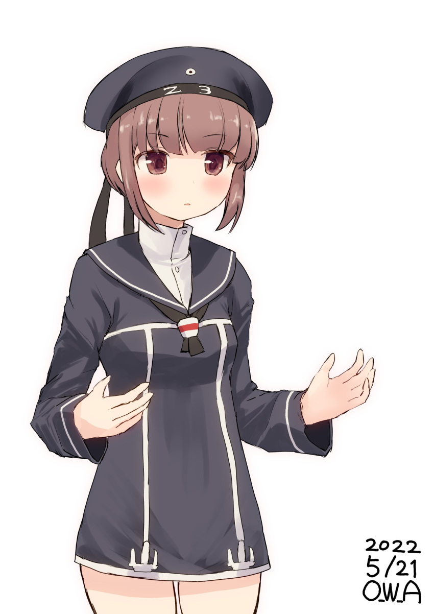 1girl artist_name black_dress black_headwear black_neckerchief black_sailor_collar breasts brown_eyes brown_hair clothes_writing commentary_request dated dress hat highres kantai_collection neckerchief one-hour_drawing_challenge owa_(ishtail) redhead sailor_collar sailor_dress sailor_hat short_hair simple_background small_breasts solo white_background z3_max_schultz_(kancolle)