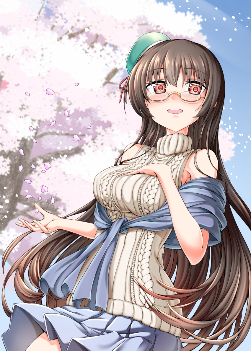 1girl absurdres alternate_costume beret black_hair blue_shawl brown_hair cherry_blossoms choukai_(kancolle) commentary_request from_below glasses green_headwear hat highres kantai_collection light_brown_sweater long_hair oohasikennta2002 pleated_skirt red_eyes rimless_eyewear shawl skirt sleeveless sleeveless_sweater solo sweater tree upper_body white_skirt