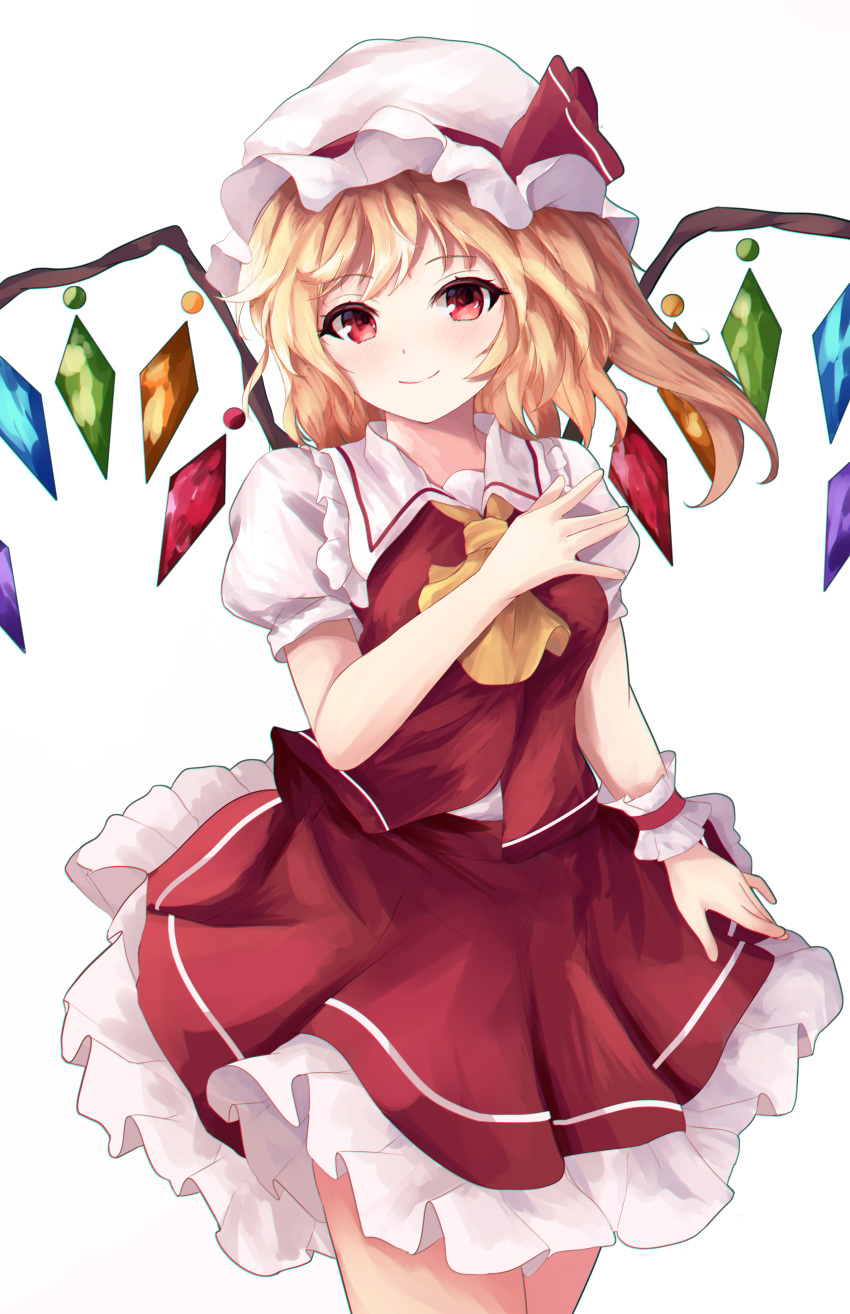 1girl absurdres ascot blonde_hair blush closed_mouth collared_shirt cowboy_shot crystal flandre_scarlet frilled_skirt frills hat hat_ribbon head_tilt highres looking_at_viewer mob_cap multicolored_wings orchid_(orukido) petticoat puffy_short_sleeves puffy_sleeves red_eyes red_ribbon red_skirt red_vest ribbon shirt short_sleeves simple_background sketch skirt skirt_set smile solo touhou vest white_background white_headwear white_shirt wings wrist_cuffs yellow_ascot