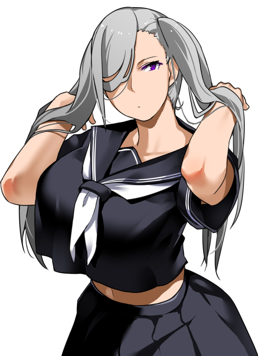 1girl bakkanki black_sailor_collar black_serafuku black_skirt breasts collarbone commentary_request cropped_shirt dot_mouth english_commentary hair_over_one_eye hand_in_own_hair hands_up highres huge_breasts lone_nape_hair long_hair looking_at_viewer midriff mixed-language_commentary navel neckerchief original sailor_collar school_uniform serafuku simple_background skirt solo twintails upper_body very_long_hair violet_eyes white_background white_neckerchief
