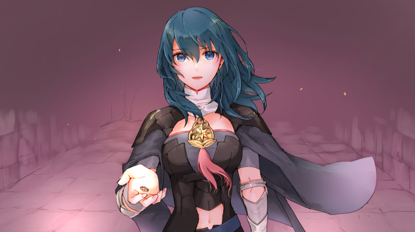 1girl armor bangs blue_eyes blue_hair breasts byleth_(fire_emblem) byleth_eisner_(female) cape eyebrows_visible_through_hair fire_emblem fire_emblem:_three_houses floating_hair grey_cape hair_between_eyes holding holding_jewelry holding_ring jewelry long_hair medium_breasts midriff navel open_mouth pink_background reaching_out ring robaco shiny shiny_hair shoulder_armor solo stomach straight_hair upper_body