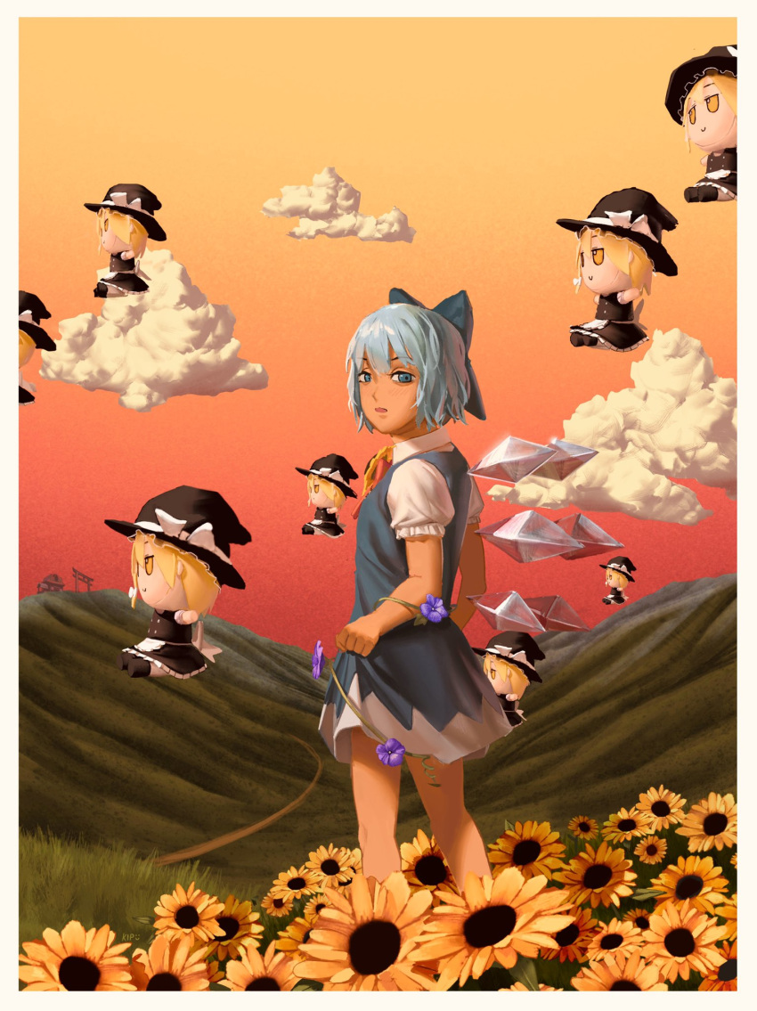 1girl apron bangs black_headwear black_skirt black_vest blonde_hair blue_bow blue_dress blue_eyes blue_flower blue_hair bow c: cirno clouds collared_shirt dress field flower flower_field flower_ornament frilled_apron frilled_hat frills from_side fumo_(doll) hair_bow hakurei_shrine hat hat_bow highres holding holding_clothes holding_skirt ice ice_wings kips kirisame_marisa mixed-language_commentary open_mouth outstretched_arms path photo-referenced plant puffy_short_sleeves puffy_sleeves shirt short_sleeves skirt smile solo_focus spread_arms sunflower sunset tanned_cirno torii touhou tyler_the_creator vest vines waist_apron white_apron white_bow white_shirt wings witch_hat yellow_eyes