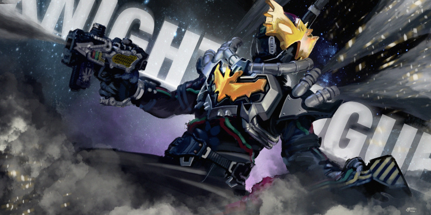 1boy absurdres armor bat belt black_bodysuit bodysuit character_name commentary cropped_legs exhaust_pipe gun highres holding holding_gun holding_weapon horns kamen_rider kamen_rider_build_(series) male_focus night_rogue science_fiction simple_background single_horn solo steam tokusatsu tube weapon yygnzm
