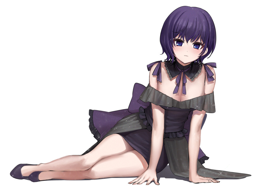 1girl absurdres arm_support asahina_mafuyu back_bow bangs black_dress bow breasts commentary detached_collar dress fingernails full_body highres large_breasts mo_nya neck_ribbon off-shoulder_dress off_shoulder project_sekai purple_bow purple_footwear purple_hair purple_ribbon ribbon shoes short_hair simple_background sitting solo symbol-only_commentary violet_eyes white_background yokozuwari