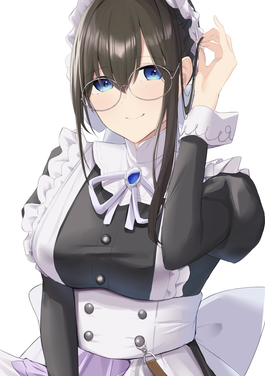 1girl adjusting_hair alternate_costume bespectacled black_hair blue_eyes breasts closed_mouth commentary_request enmaided eyebrows_visible_through_hair fuurin_restia glasses hand_up highres idolmaster idolmaster_cinderella_girls juliet_sleeves large_breasts long_sleeves looking_at_viewer maid maid_headdress puffy_sleeves round_eyewear sagisawa_fumika simple_background smile solo upper_body white_background