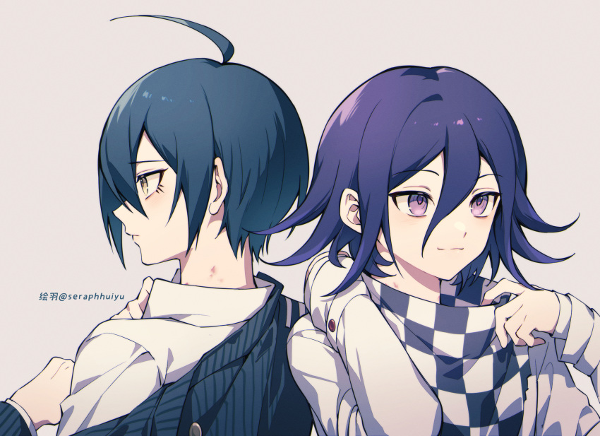 2boys ahoge bangs black_hair black_jacket brown_eyes checkered_clothes checkered_scarf closed_mouth danganronpa_(series) danganronpa_v3:_killing_harmony ewa_(seraphhuiyu) eyebrows_visible_through_hair flipped_hair grey_background grey_shirt hair_between_eyes hands_up highres jacket long_sleeves male_focus medium_hair multiple_boys off_shoulder ouma_kokichi pink_eyes portrait saihara_shuuichi scarf shiny shiny_hair shirt simple_background smile striped striped_jacket translation_request