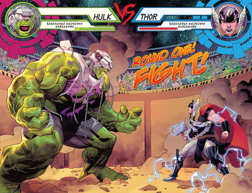 2boys absurdres alternate_costume arena armor artist_request barefoot blonde_hair breastplate cable cape clenched_hands colored_skin faceoff facial_hair fake_screenshot fighting_game fighting_stance gameplay_mechanics green_skin hammer health_bar helmet highres holding holding_hammer hulk male_focus marvel marvel_vs._capcom mjolnir_(marvel) multiple_boys muscular muscular_male official_art parody purple_shirt red_cape shirt shorts size_difference stubble teeth third-party_source thor_(marvel) torn_clothes torn_shirt veins veiny_arms veiny_thighs vs winged_helmet