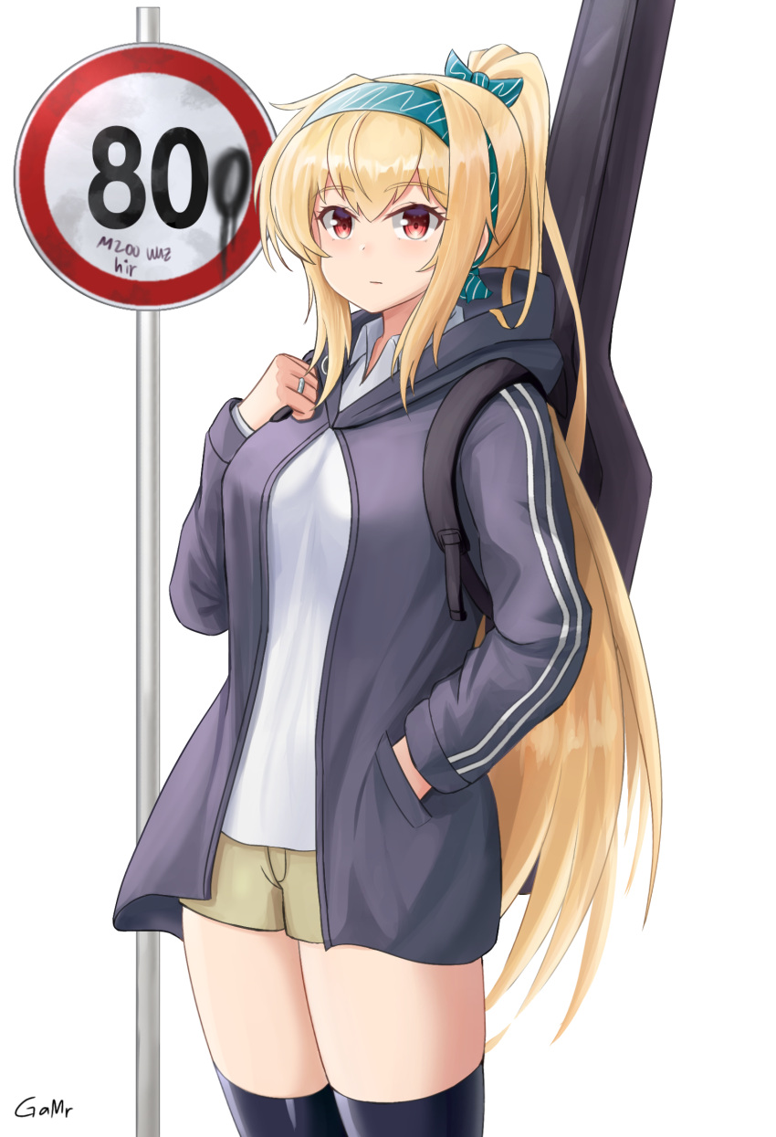 1girl alternate_costume artist_name backpack bag bangs black_legwear blonde_hair bow breasts brown_shorts closed_mouth english_commentary eyebrows_visible_through_hair feet_out_of_frame gamryous girls_frontline green_bow green_hairband grey_hoodie hair_bow hairband hand_in_pocket hand_on_own_chest highres hood hooded_jacket hoodie jacket jewelry long_hair looking_at_viewer mod3_(girls'_frontline) ponytail red_eyes ring road_sign shirt shorts sign solo standing sv-98_(girls'_frontline) thigh-highs track_jacket weapon_case white_background white_shirt