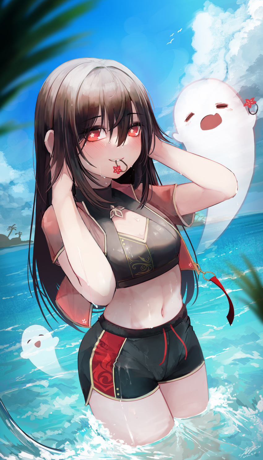 1girl absurdres beach black_shorts blue_sky blush brown_hair closed_eyes cowboy_shot crop_top cropped_jacket day genshin_impact ghost hair_between_eyes hair_down hairband half-closed_eyes hands_in_hair highres hu_tao_(genshin_impact) jacket long_hair looking_at_viewer midriff navel ocean open_clothes open_jacket open_mouth partially_submerged red_eyes scenery short_shorts short_sleeves shorts sky smile symbol-shaped_pupils wegan wet