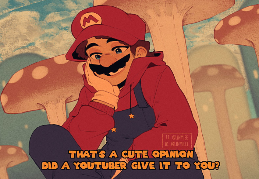 1boy artist_name blue_eyes blue_overalls brown_hair english_commentary english_text facial_hair hair_behind_ear hand_on_own_cheek hand_on_own_face hood hoodie linmiee looking_down male_focus mario marvel meme mushroom mustache overalls red_headwear red_hoodie smile solo spider-man_(series) spider-man_1_(2002) super_mario_bros.