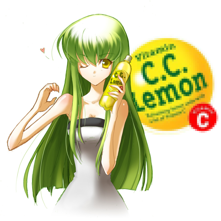 bad_id c.c. c.c._lemon censored code_geass fake_censor green_hair highres long_hair parody product_placement s-yin solo swimsuit wink yellow_eyes