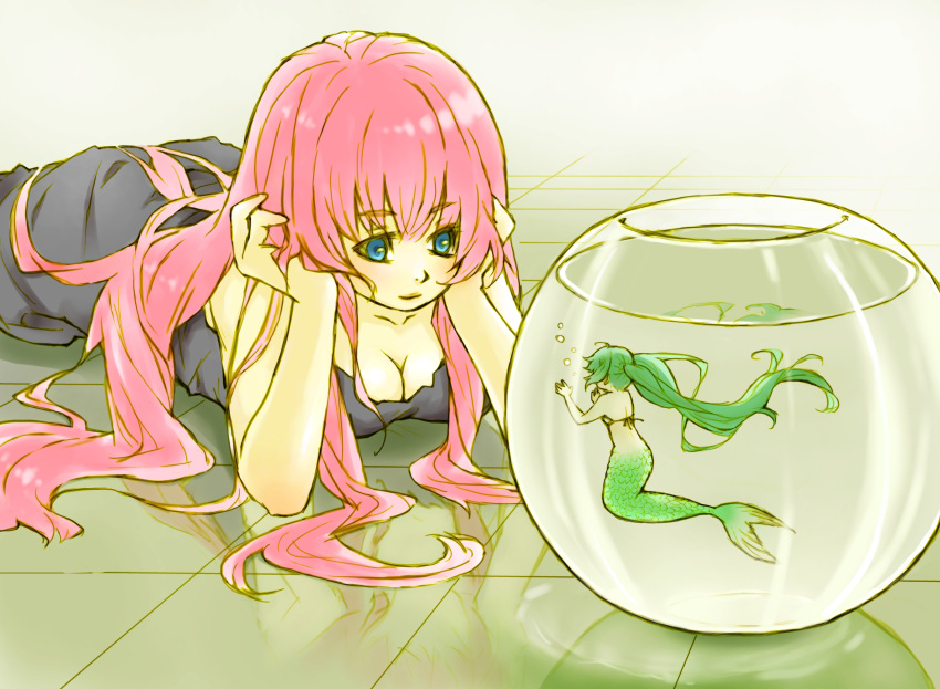 bad_id blue_eyes breasts cleavage green_hair hatsune_miku highres long_hair lying megurine_luka mermaid minigirl monster_girl on_stomach pink_hair pood1e reflection twintails vocaloid