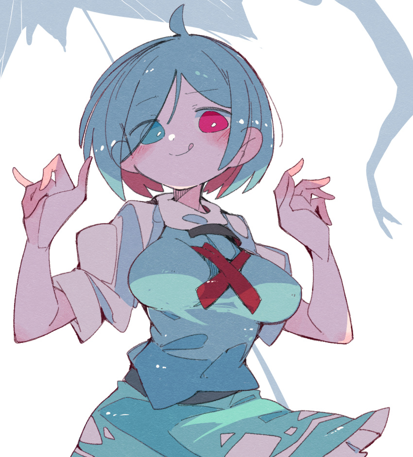 1girl :q ahoge blue_hair blush breasts eyes_visible_through_hair hands_up heterochromia highres large_breasts looking_at_viewer massakasama red_eyes short_hair short_sleeves skirt solo tatara_kogasa tongue tongue_out touhou