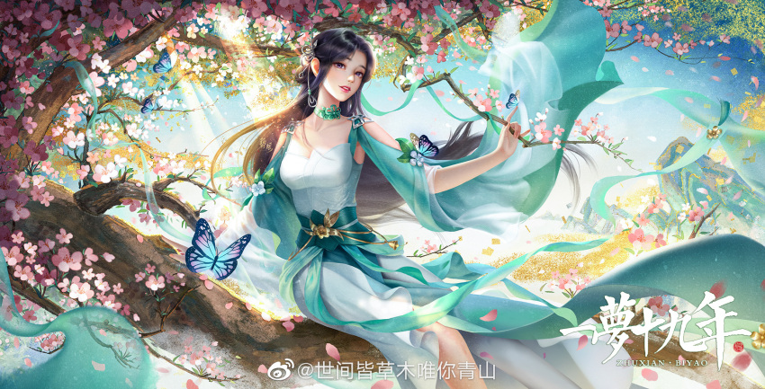 1girl baiguio_(zhu_xian) bell black_hair blue_sky branch bug butterfly chinese_clothes flower hair_ornament highres holding holding_branch long_hair open_mouth sash shijian_jie_caomuwei_ni_qingshan sitting sky teeth tree upper_body zhu_xian