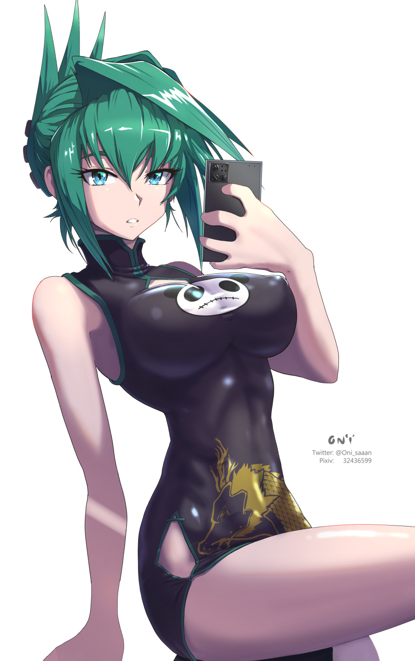 1girl absurdres bangs bare_shoulders black_dress breasts china_dress chinese_clothes covered_navel covered_nipples dragon_print dress english_commentary green_eyes green_hair hair_between_eyes hair_intakes highres holding holding_phone large_breasts looking_at_viewer oni-sanart phone selfie shaman_king short_hair sleeveless sleeveless_dress spiky_hair tao_jun taut_clothes taut_dress updo