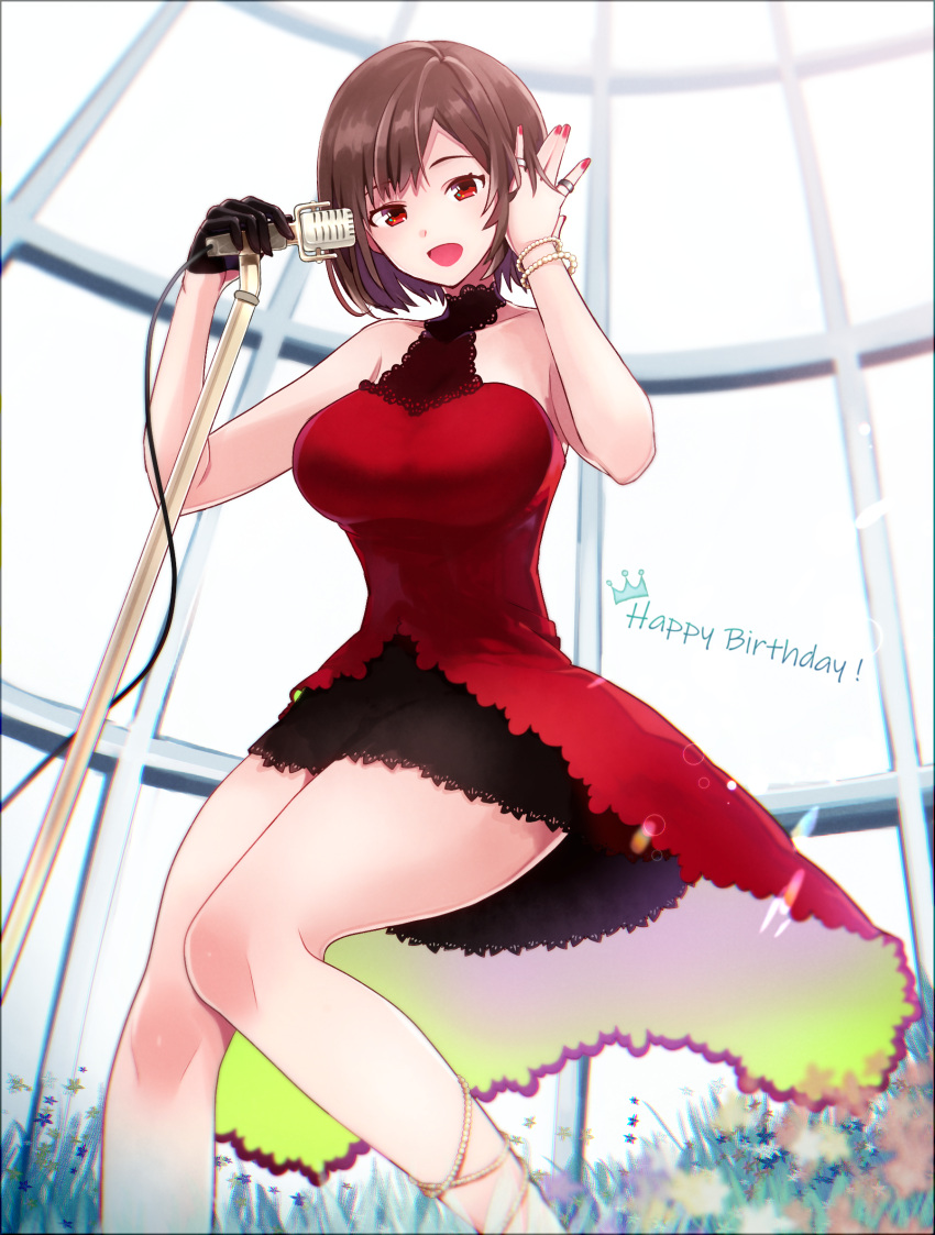 1girl :d bad_hands bangs bracelet breasts brown_hair dress flower gloves gradient_clothes halter_dress halterneck hand_on_own_head happy_birthday highres holding holding_microphone jewelry knees_together_feet_apart lace large_breasts layered_dress looking_to_the_side meiko microphone microphone_cord microphone_stand multiple_rings nail_polish open_mouth pearl_bracelet plant red_eyes redbear07 ring short_hair sleeveless sleeveless_dress smile solo strapless strapless_dress swept_bangs two-sided_fabric vocaloid