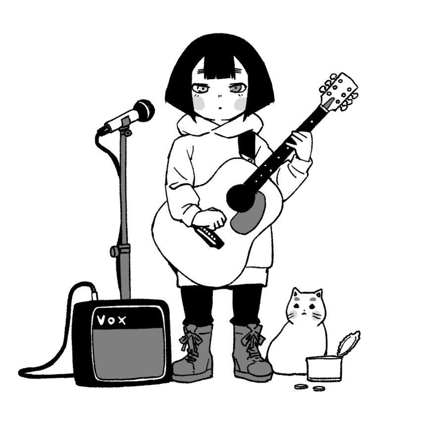 1girl acoustic_guitar amplifier biwa_(heike_monogatari) blush_stickers boots bowl_cut can cat coin contemporary expressionless full_body greyscale guitar heike_monogatari heterochromia highres hood hoodie instrument long_hoodie microphone microphone_stand monochrome onsen_tamago_(hs_egg) open_can short_hair simple_background white_background