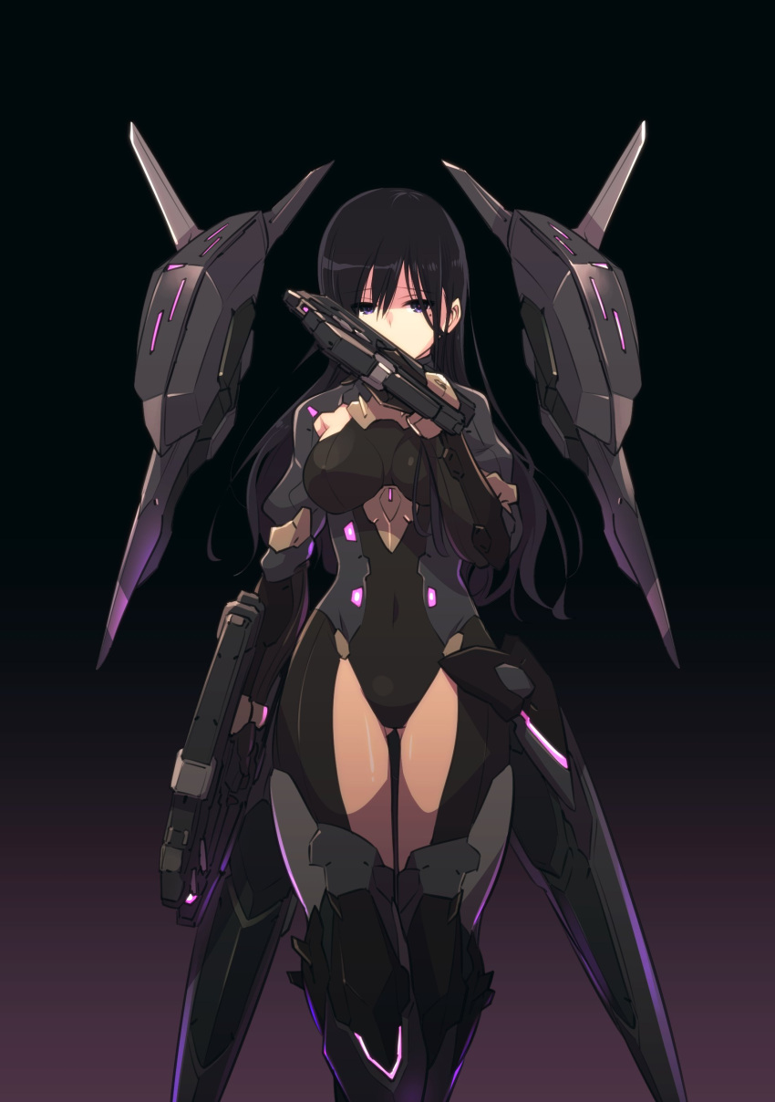 1girl absurdres alice_gear_aegis bangs black_background black_hair breasts covered_navel crossed_legs dual_wielding gun hair_behind_ear highres holding holding_gun holding_weapon ishiyumi kagome_misaki long_hair mecha_musume medium_breasts mole mole_under_eye solo violet_eyes weapon