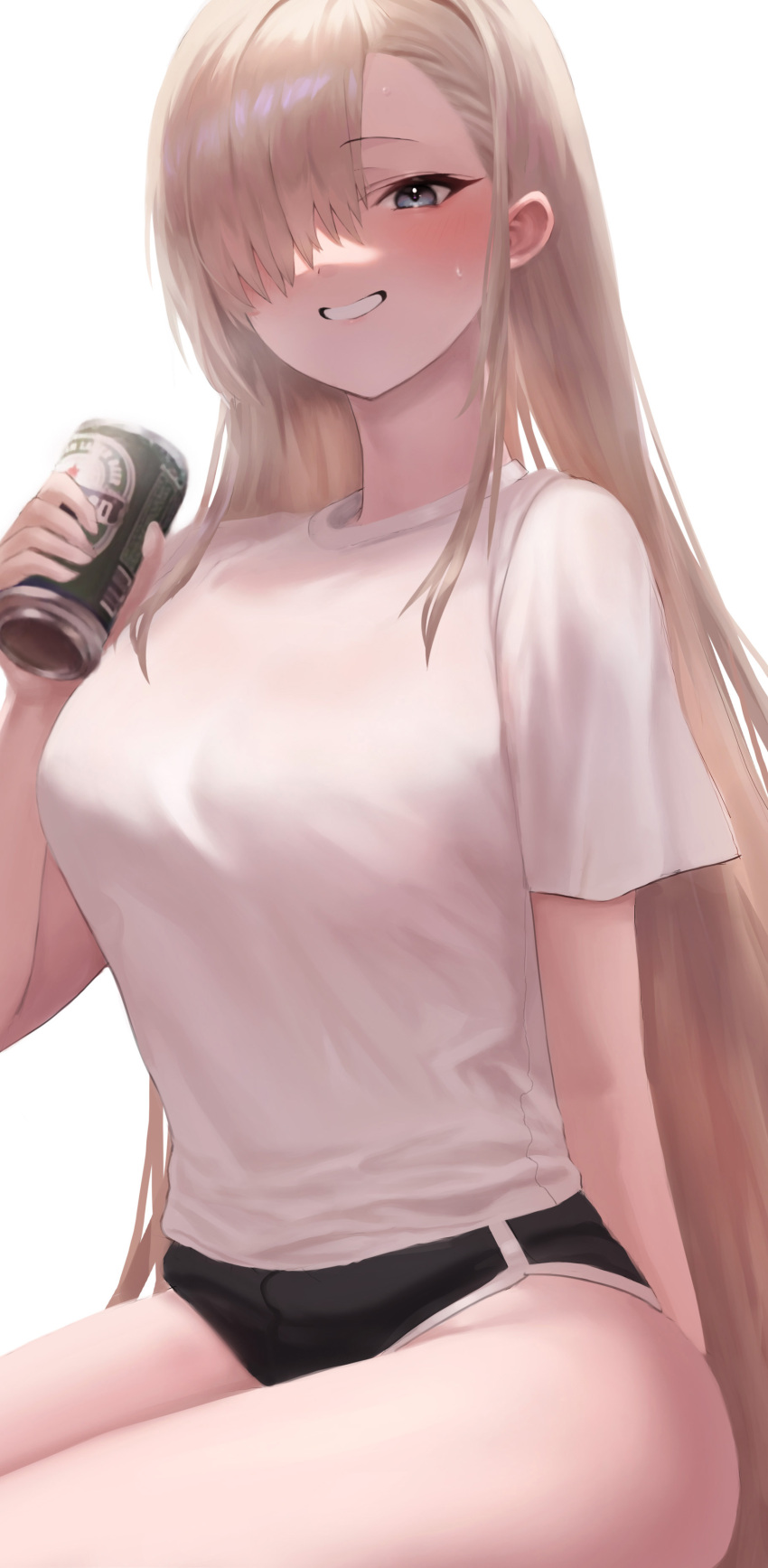 1girl absurdres alternate_costume asuna_(blue_archive) bangs black_shorts blonde_hair blue_archive blush breasts can commentary gadeung_hye grin hair_over_one_eye highres holding holding_can large_breasts long_hair looking_at_viewer shirt short_shorts shorts simple_background sitting smile solo sweat thighs very_long_hair white_background white_shirt
