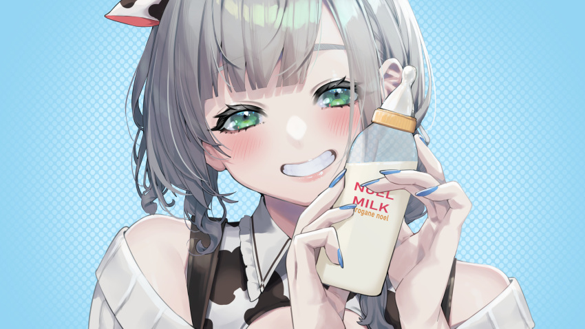 1girl absurdres animal_ears bangs bottle cow_ears green_eyes grey_hair grin highres holding holding_bottle hololive looking_at_viewer mikan_(chipstar182) nail_polish portrait shirogane_noel short_hair smile solo virtual_youtuber