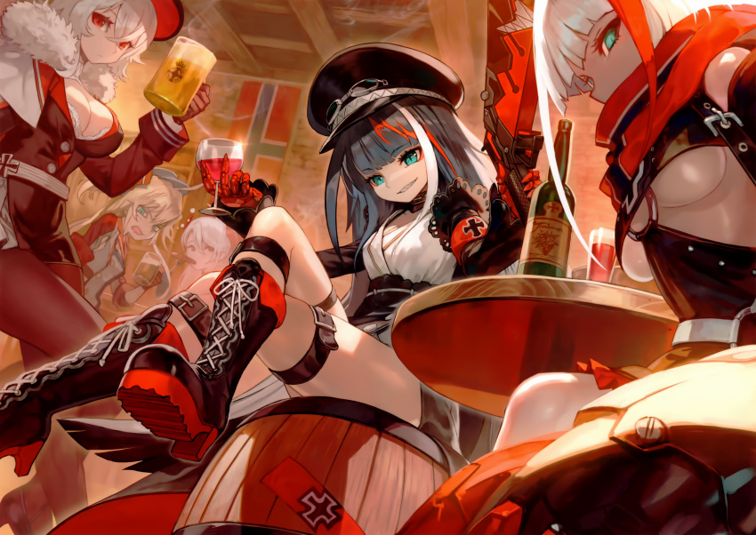 5girls absurdres admiral_graf_spee_(azur_lane) admiral_hipper_(azur_lane) azur_lane barrel beer_mug black_gloves black_hair blue_eyes boots breasts cropped cross-laced_footwear crossed_legs cup deutschland_(azur_lane) drinking_glass drunk dutch_angle fur_trim gauntlets gloves graf_zeppelin_(azur_lane) green_eyes grin gunblade hat headgear highres indoors lack looking_at_viewer medium_breasts military_hat mouth_hold mug multicolored_hair multiple_girls official_art pantyhose prinz_eugen_(azur_lane) red_eyes redhead scan sharp_teeth sitting smile streaked_hair table teeth thigh_strap tsurime two_side_up under_boob weapon white_hair wine_glass