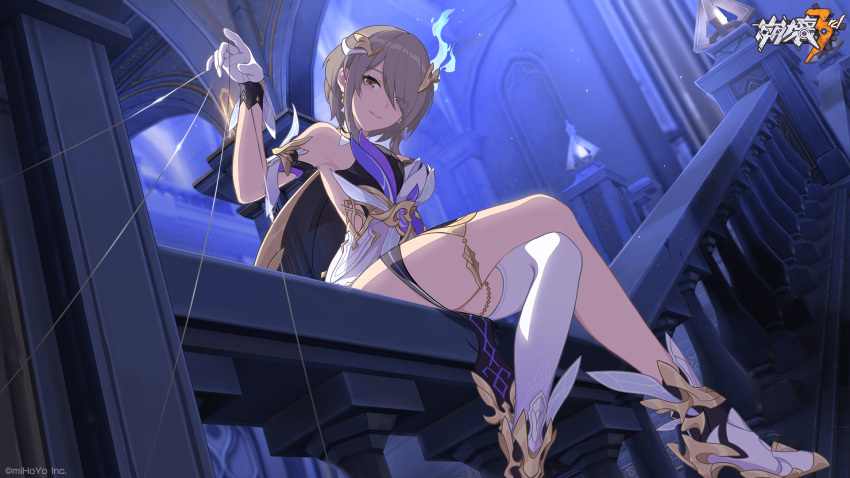 1girl armored_boots armpits boots breasts dress earrings gloves hair_ornament hair_over_one_eye highres honkai_(series) honkai_impact_3rd jewelry light_brown_hair looking_at_viewer medium_breasts mole mole_under_eye official_art official_wallpaper pink_eyes rita_rossweisse rita_rossweisse_(spina_astera) short_hair_with_long_locks single_thighhigh sitting smile thigh-highs white_dress white_footwear white_gloves white_legwear